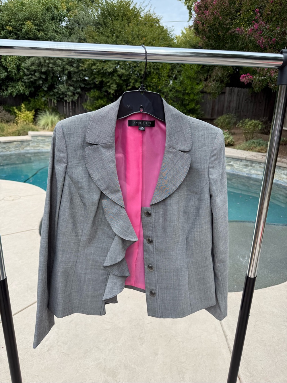 Anne Klein Gray Blazer with Pink Lining and Ruffle Front